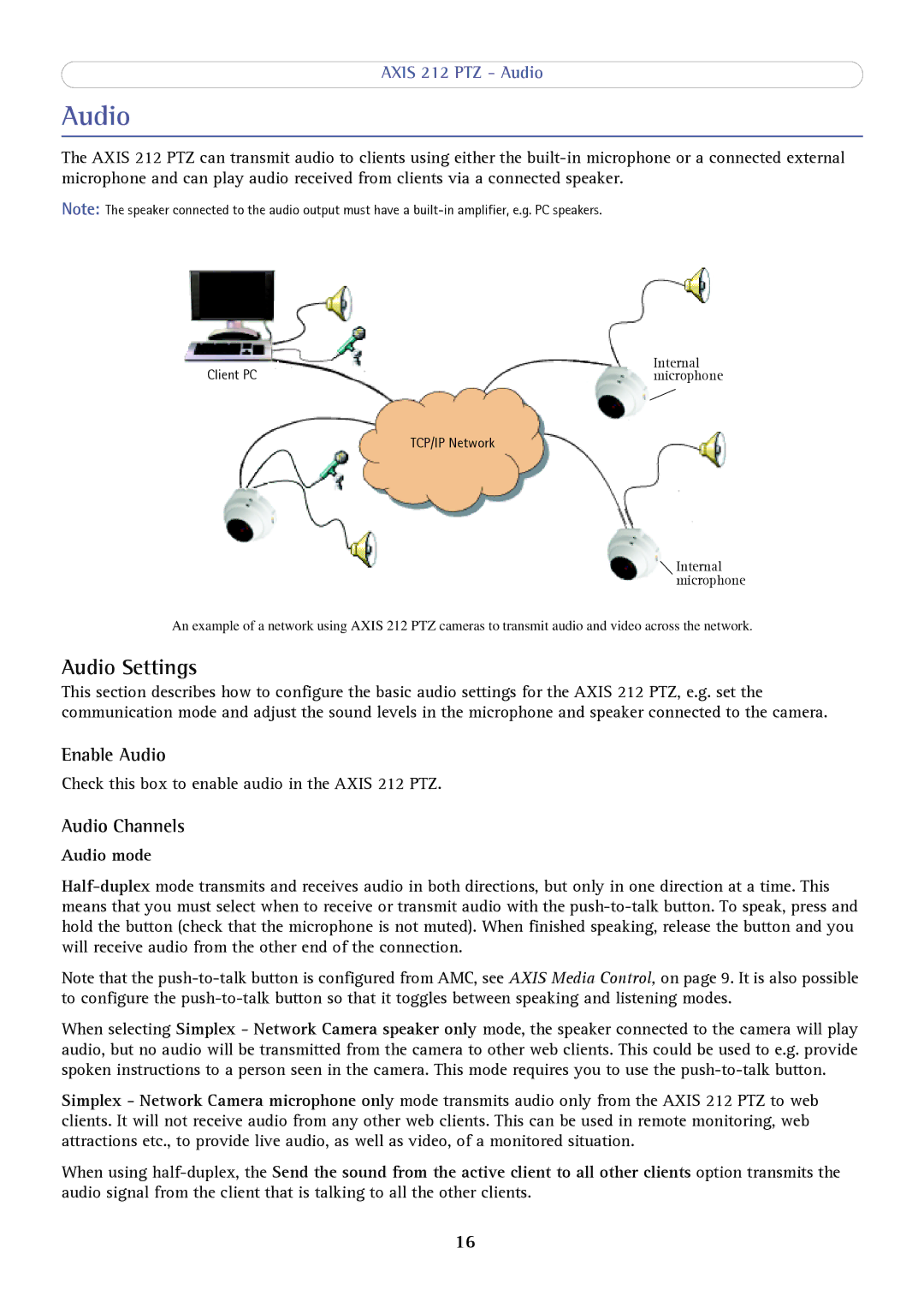 Axis Communications 212 PTZ user manual Audio Settings, Enable Audio, Audio Channels, Audio mode 