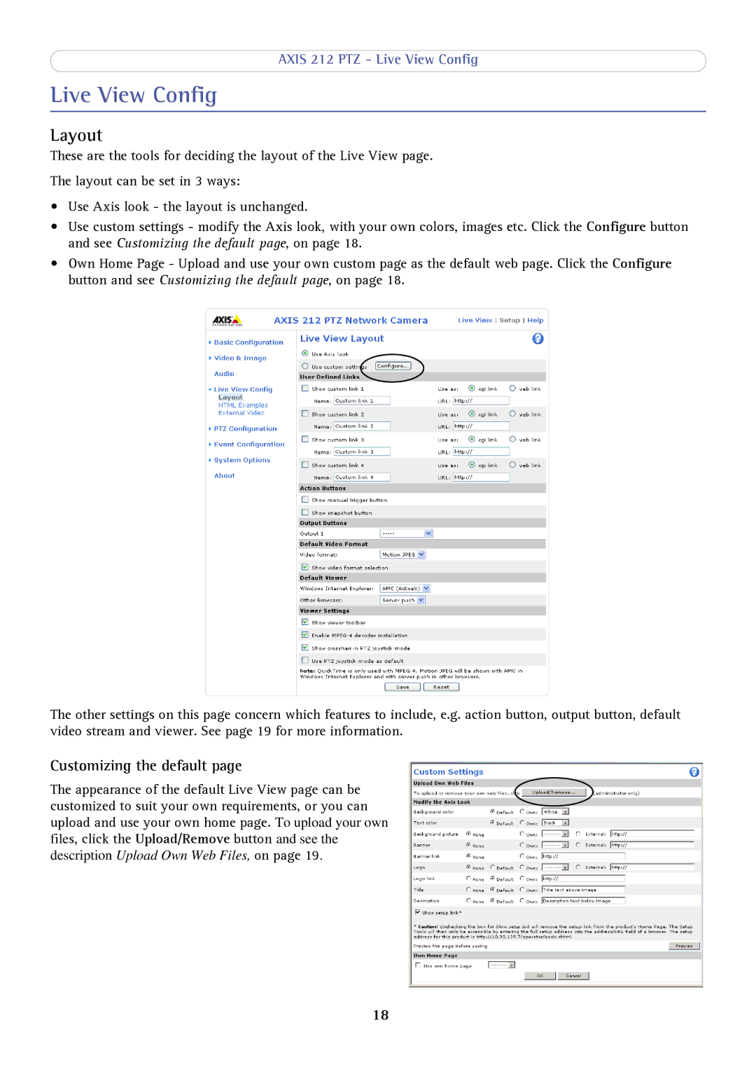 Axis Communications 212 PTZ user manual Live View Config, Layout, Customizing the default 