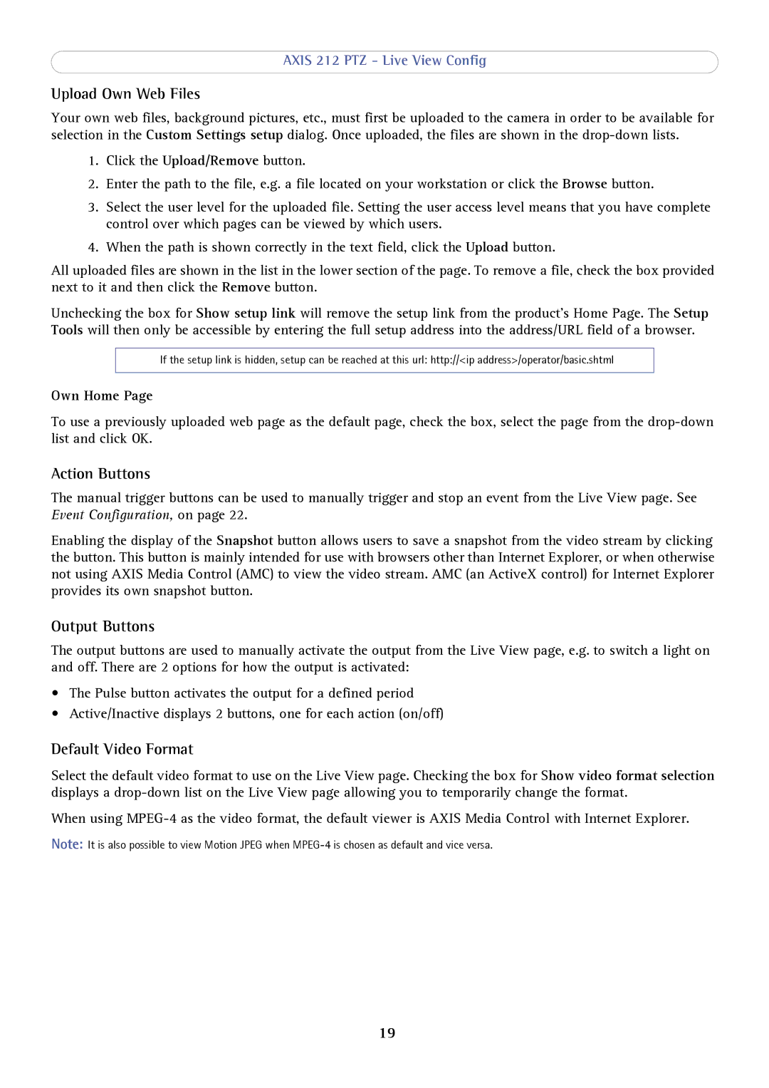 Axis Communications 212 PTZ Upload Own Web Files, Action Buttons, Output Buttons, Default Video Format, Own Home 