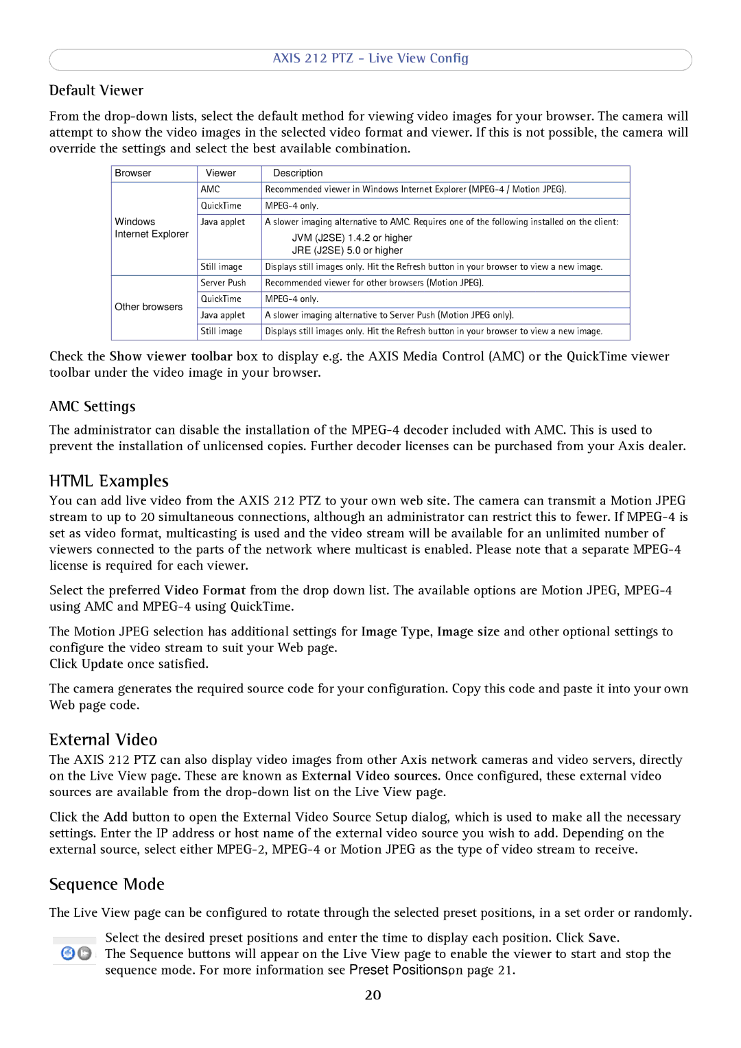 Axis Communications 212 PTZ user manual Html Examples, External Video, Sequence Mode, Default Viewer, AMC Settings 