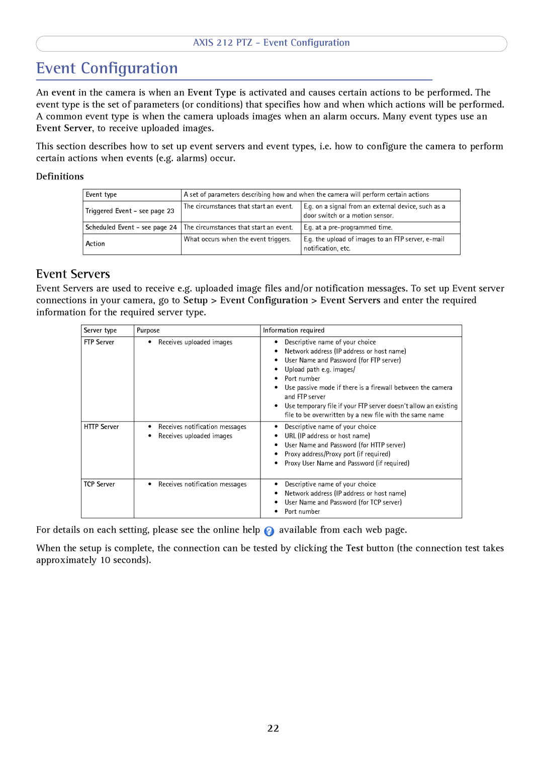 Axis Communications 212 PTZ user manual Event Configuration, Event Servers, Definitions 