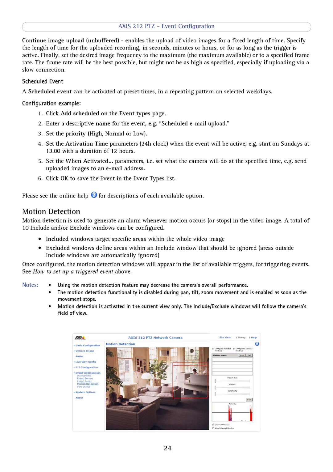 Axis Communications 212 PTZ user manual Motion Detection, Scheduled Event 