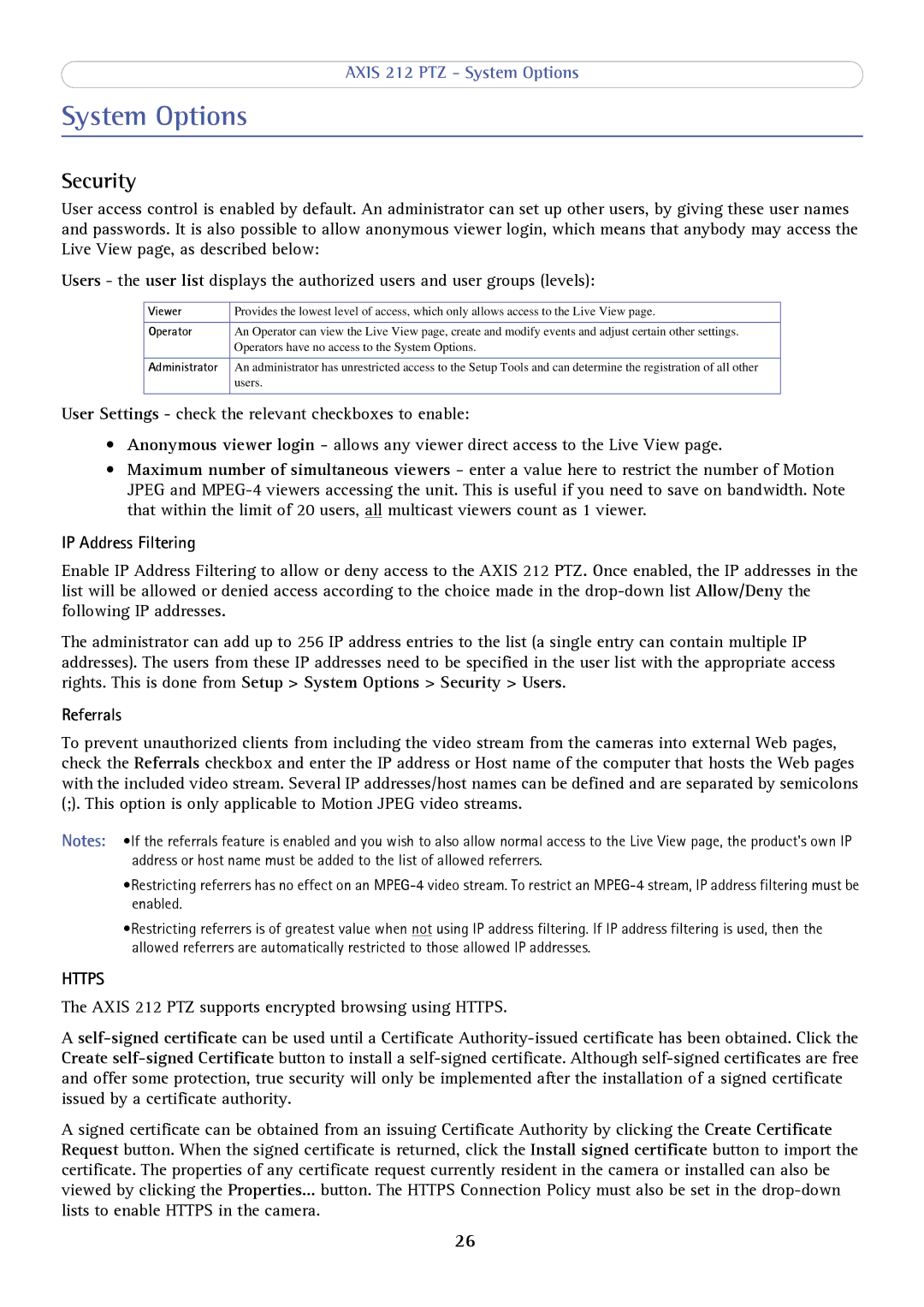 Axis Communications 212 PTZ user manual System Options, Security, IP Address Filtering, Referrals, Operator 