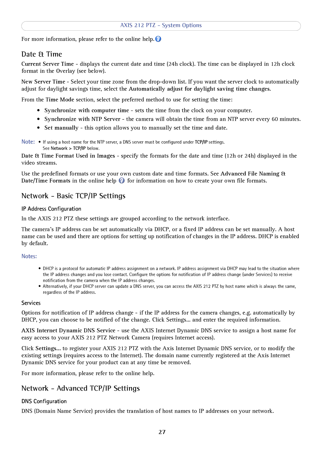 Axis Communications 212 PTZ user manual Date & Time, Network Basic TCP/IP Settings, Network Advanced TCP/IP Settings 