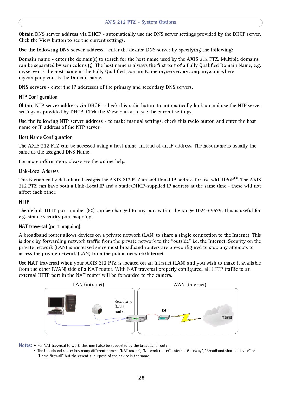 Axis Communications 212 PTZ NTP Configuration, Host Name Configuration, Link-Local Address, NAT traversal port mapping 