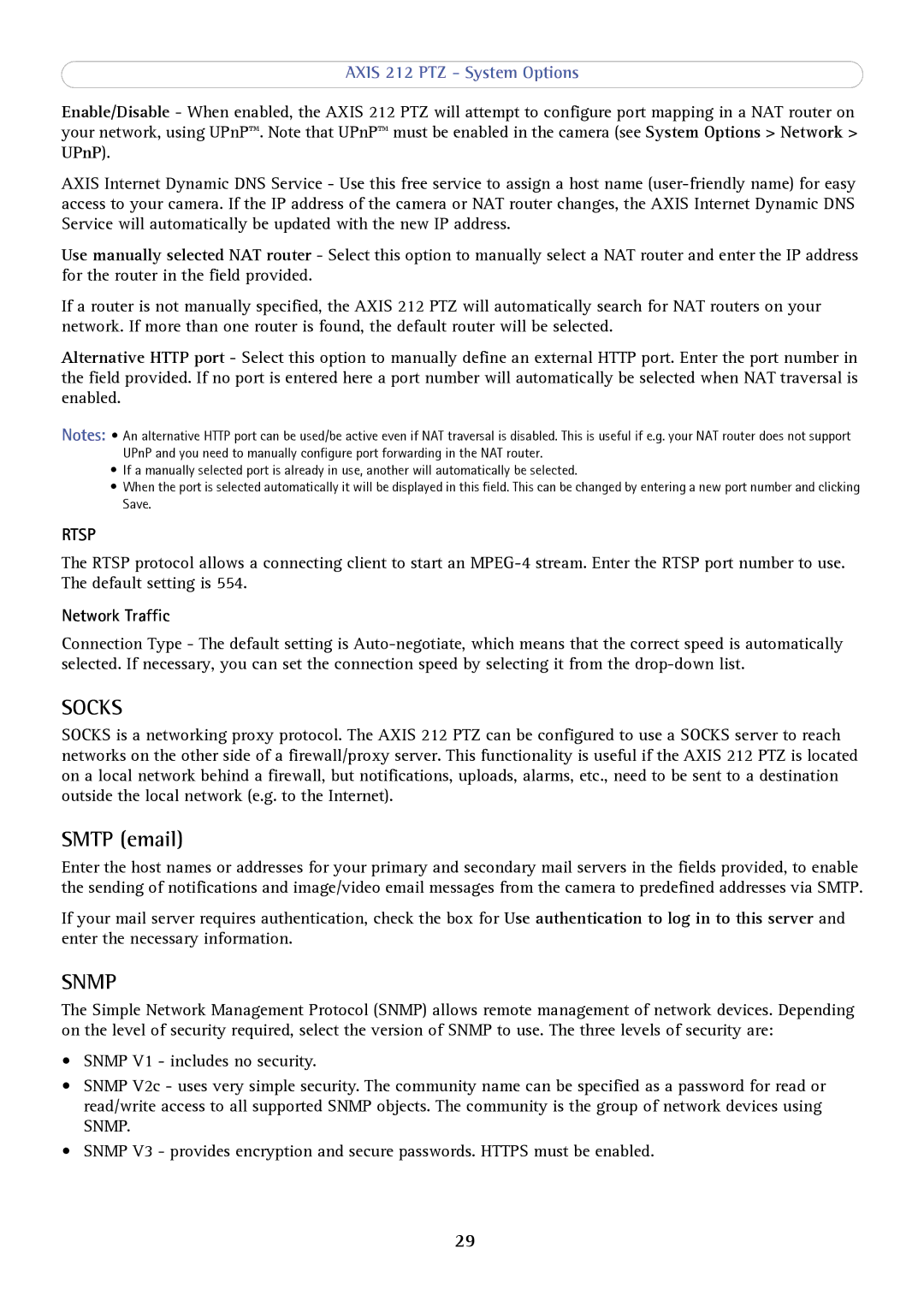 Axis Communications 212 PTZ user manual Smtp email, Network Traffic 