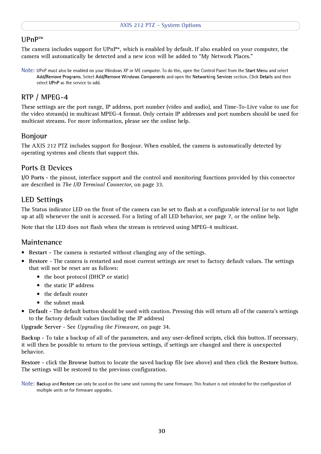 Axis Communications 212 PTZ user manual UPnP, Bonjour, Ports & Devices, LED Settings, Maintenance 