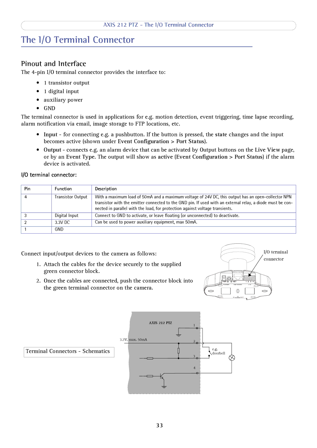 Axis Communications 212 PTZ user manual I/O Terminal Connector, Pinout and Interface, Terminal connector 