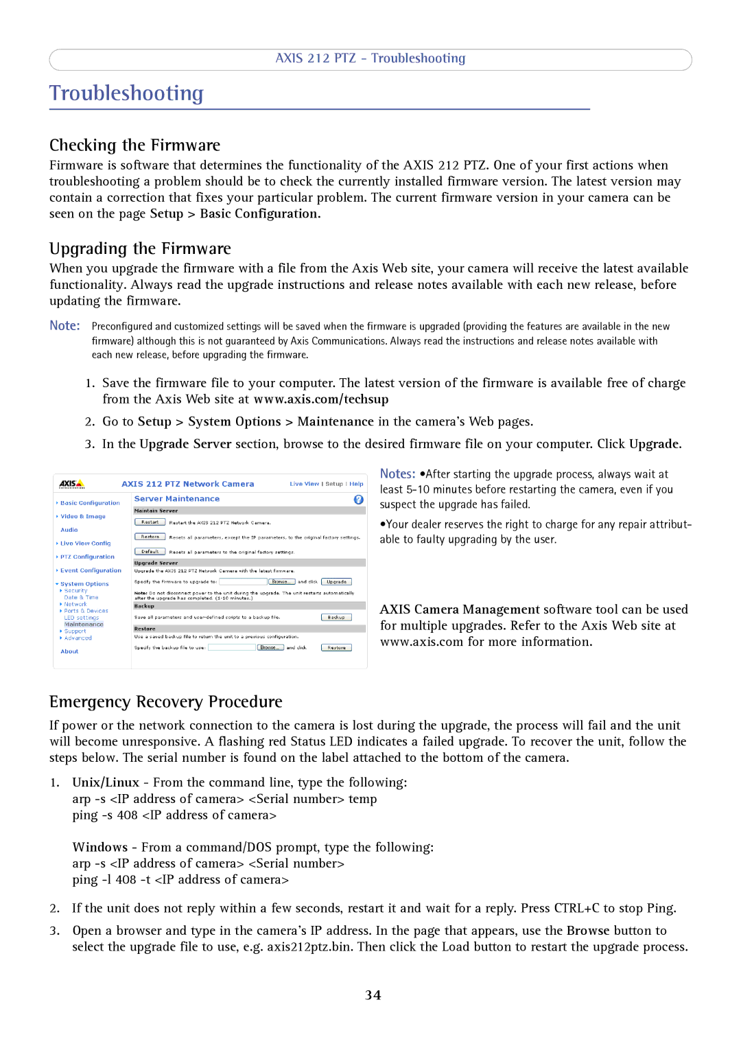 Axis Communications 212 PTZ Troubleshooting, Checking the Firmware, Upgrading the Firmware, Emergency Recovery Procedure 