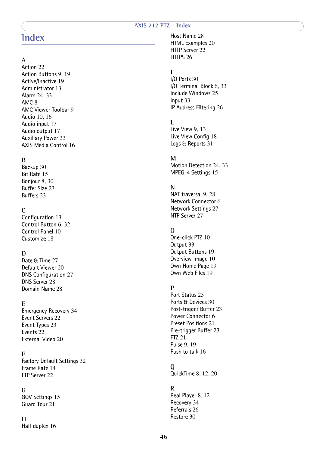 Axis Communications 212 PTZ user manual Index, Amc 