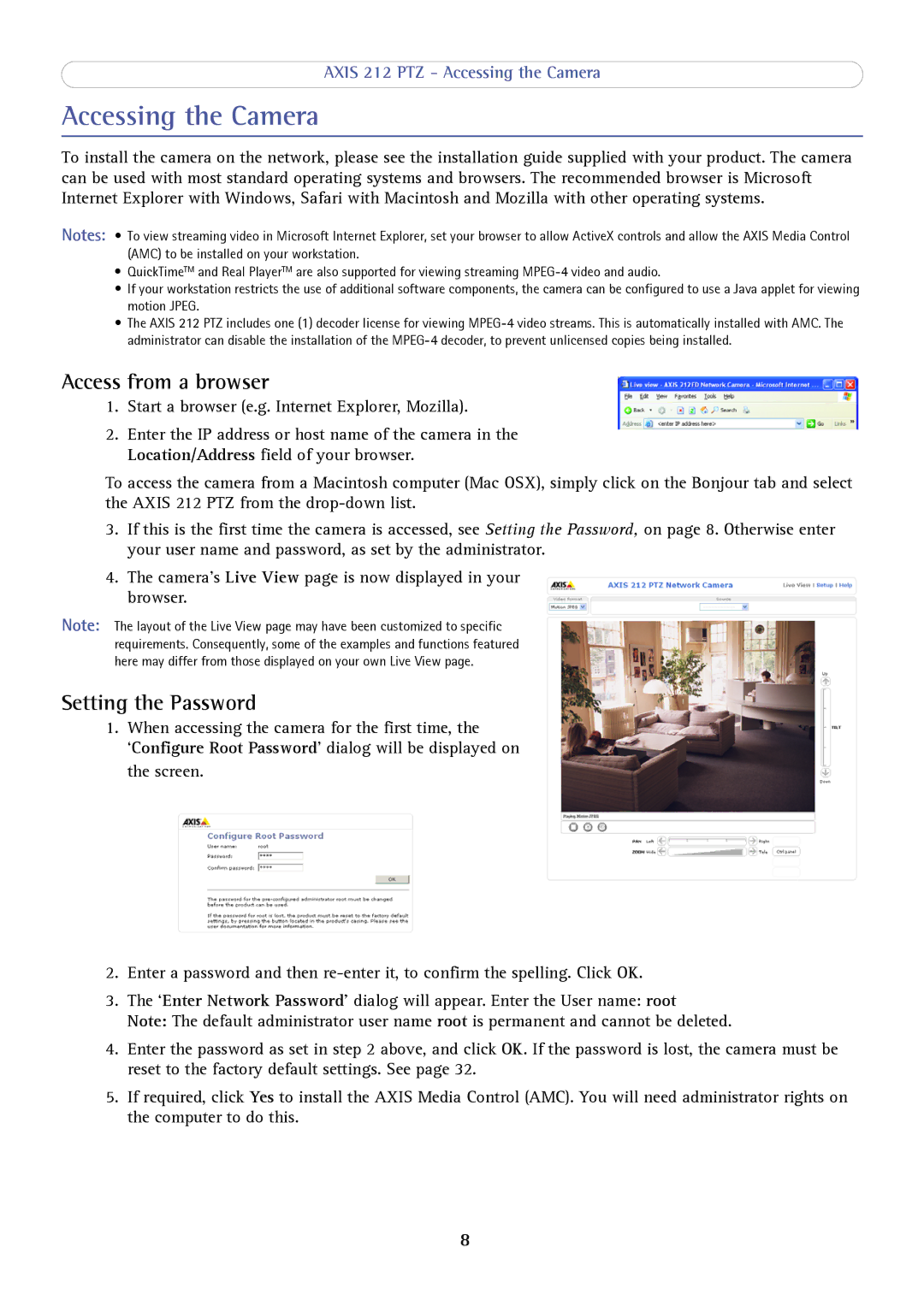 Axis Communications 212 PTZ user manual Accessing the Camera, Access from a browser, Setting the Password 