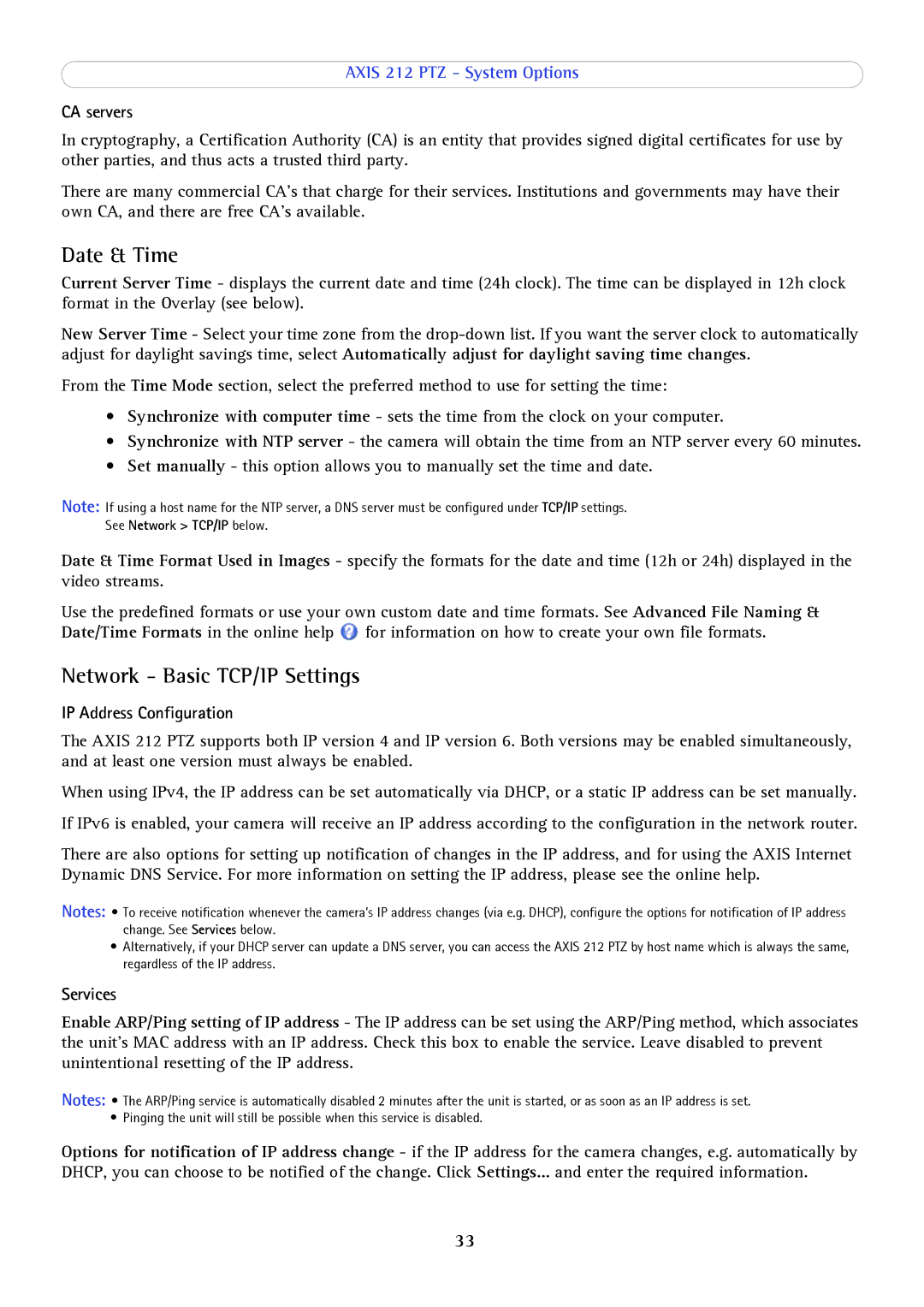 Axis Communications 212 PTZ Date & Time, Network Basic TCP/IP Settings, CA servers, IP Address Configuration, Services 