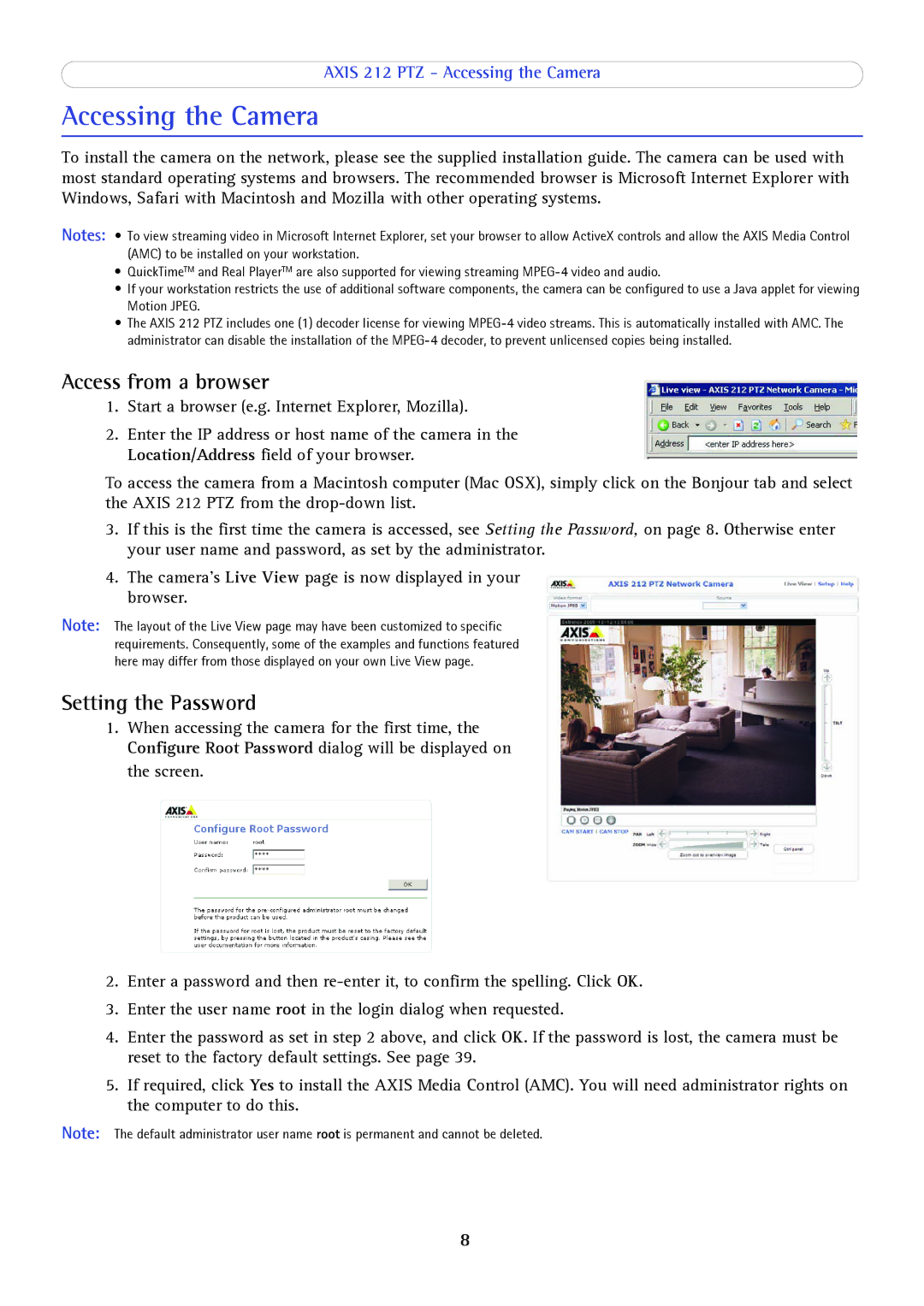 Axis Communications 212 PTZ user manual Accessing the Camera, Access from a browser, Setting the Password 