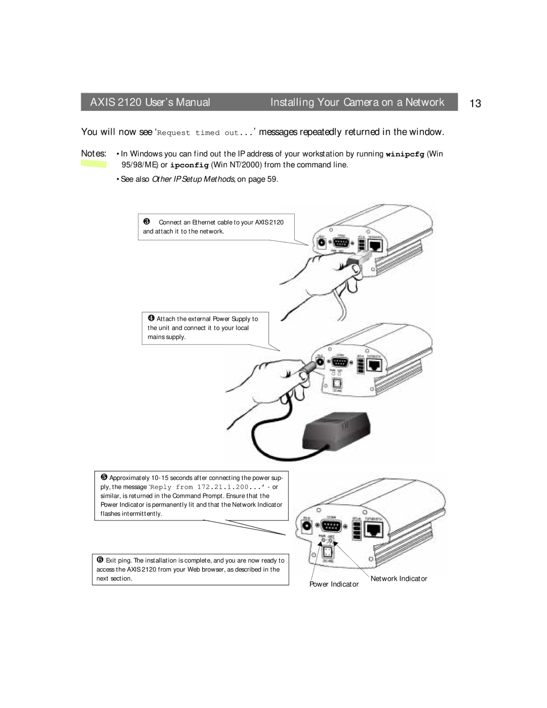 Axis Communications Axis 2120 User’s Manual Installing Your Camera on a Network, Next section, Network Indicator 