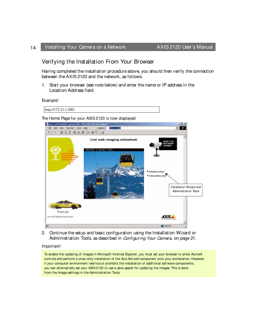 Axis Communications 2120 user manual Verifying the Installation From Your Browser, Installation Wizard Administration Tools 