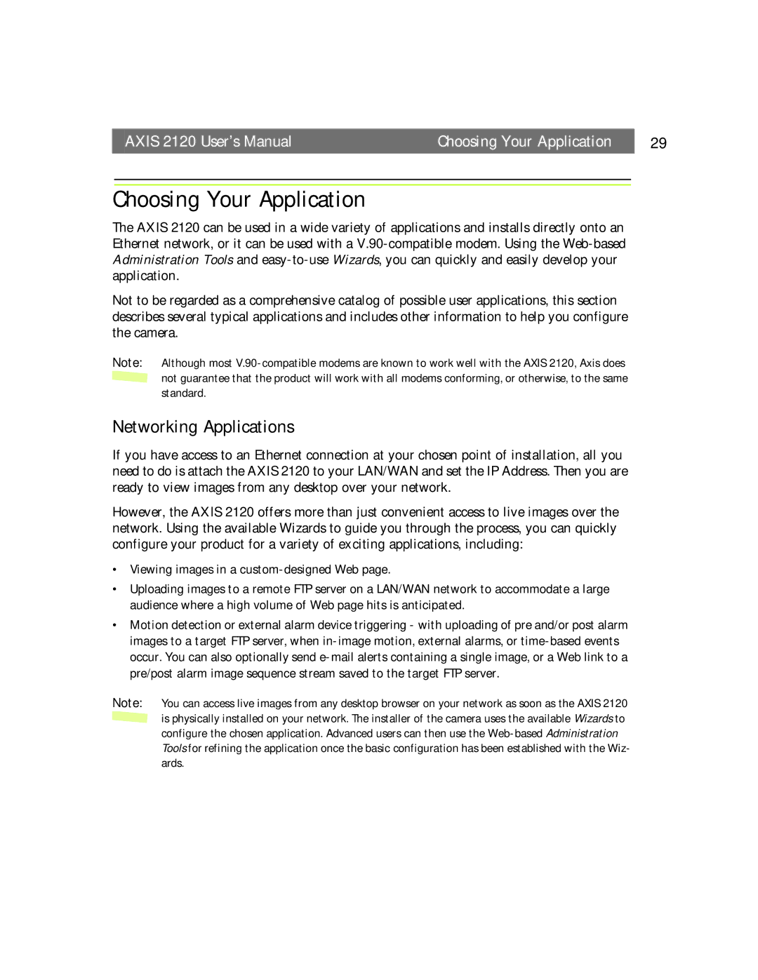 Axis Communications 2120 user manual Choosing Your Application, Networking Applications 