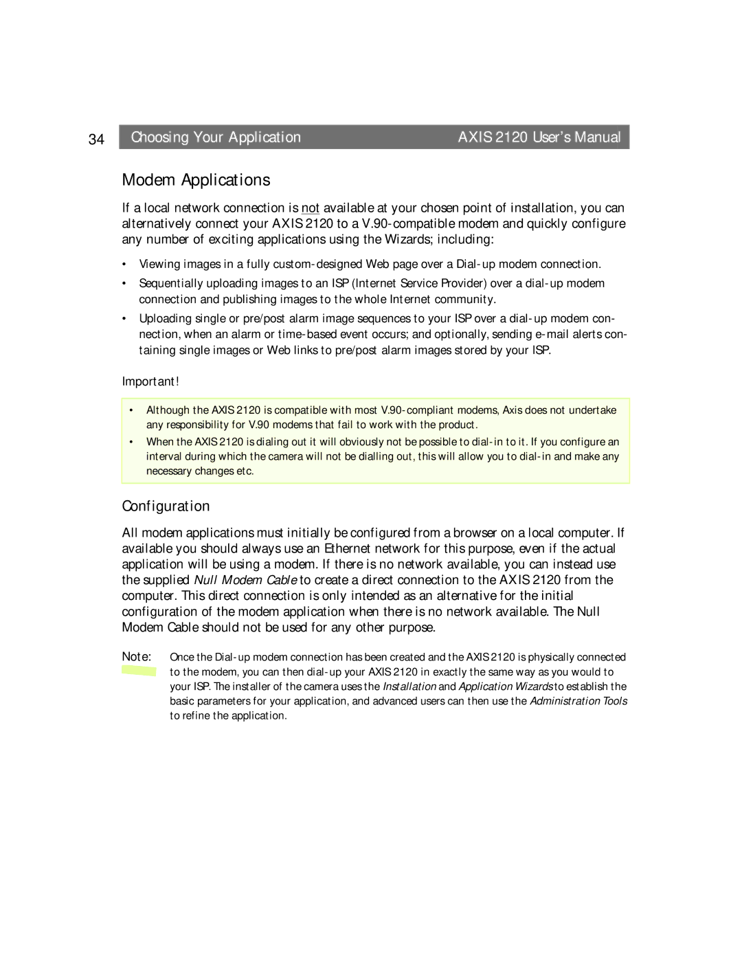 Axis Communications user manual Modem Applications, Configuration, Choosing Your ApplicationAXIS 2120 User’s Manual 