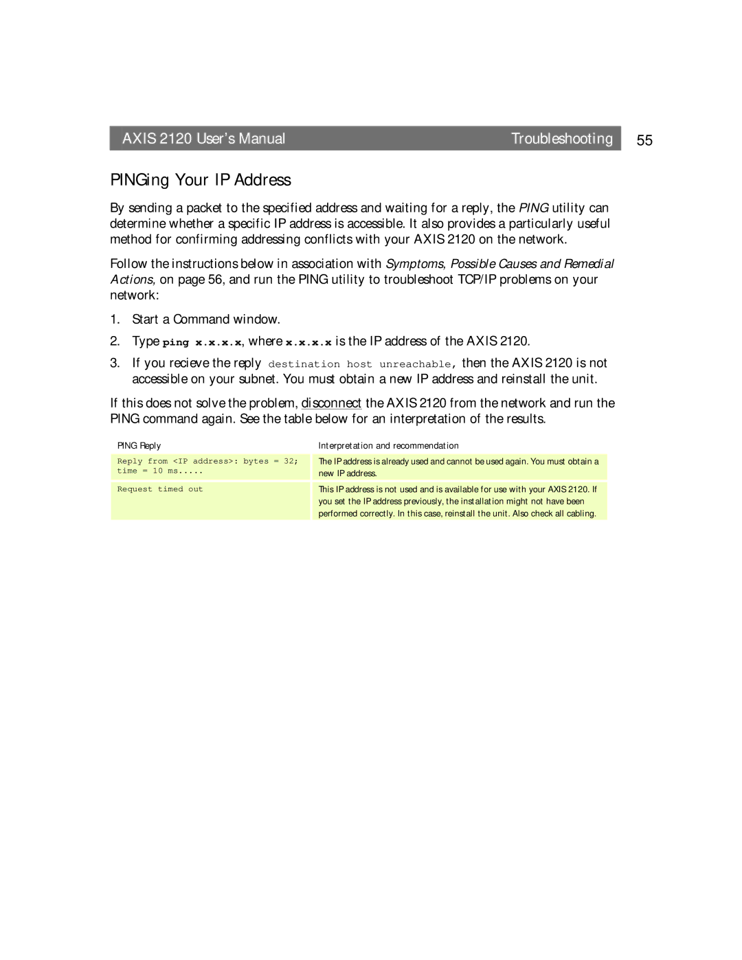 Axis Communications 2120 user manual PINGing Your IP Address, Ping Reply Interpretation and recommendation, New IP address 