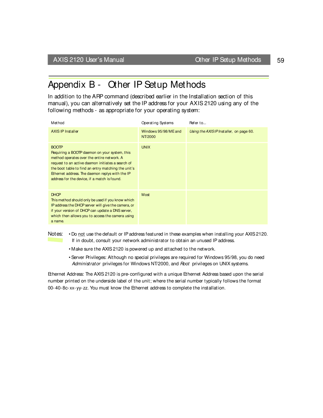 Axis Communications user manual Appendix B Other IP Setup Methods, Axis 2120 User’s Manual Other IP Setup Methods 