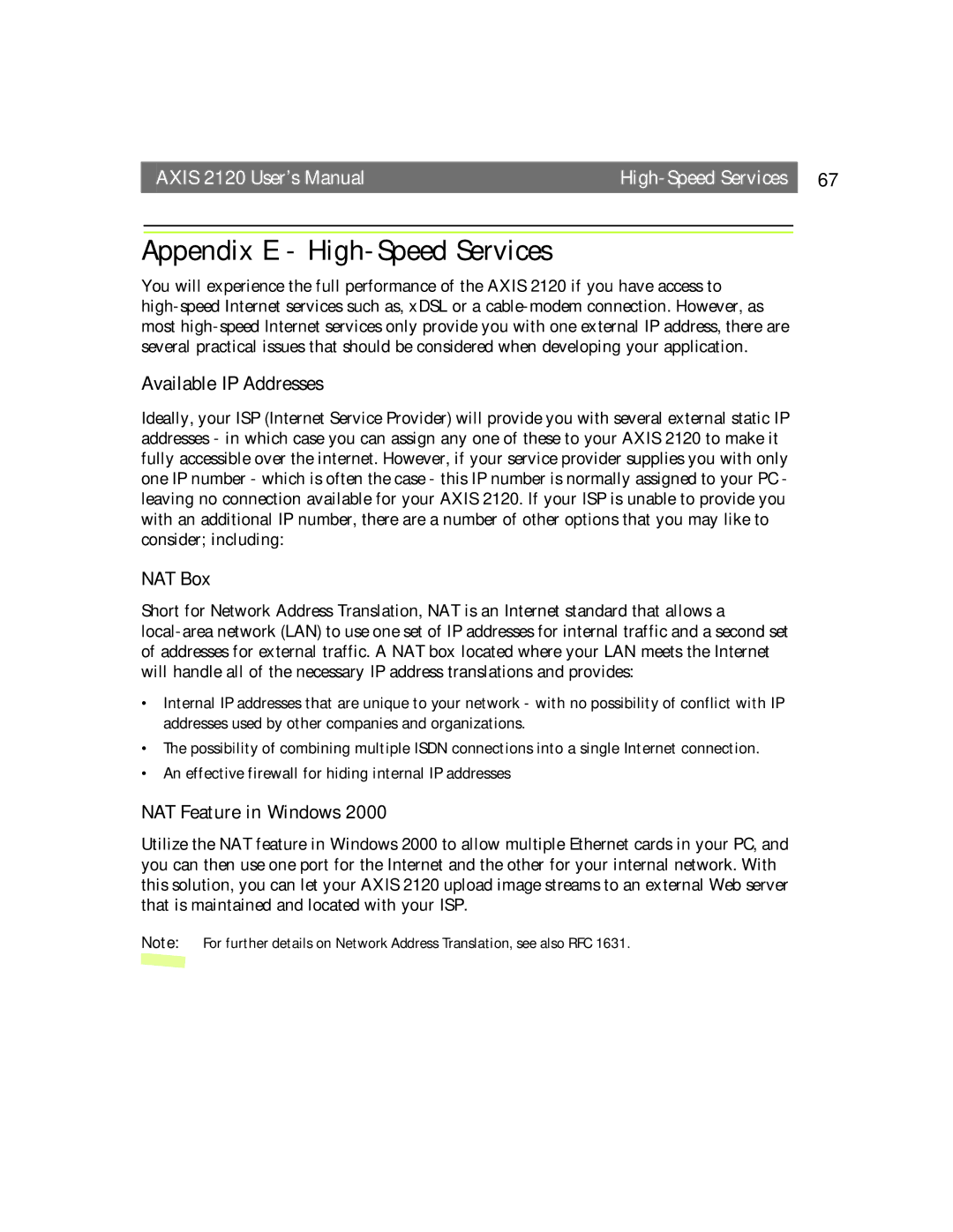 Axis Communications 2120 Appendix E High-Speed Services, Available IP Addresses, NAT Box, NAT Feature in Windows 