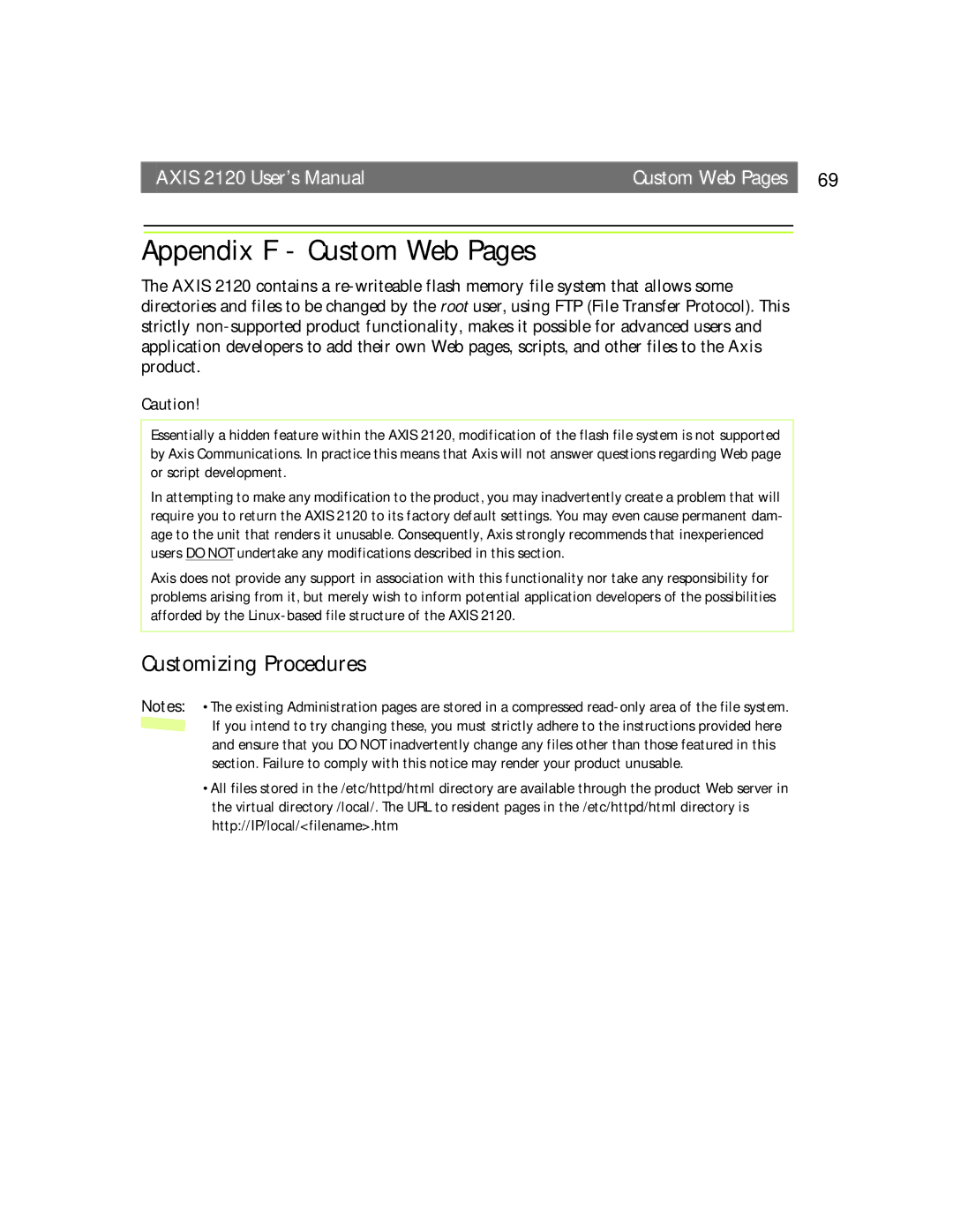 Axis Communications 2120 user manual Appendix F Custom Web Pages, Customizing Procedures 