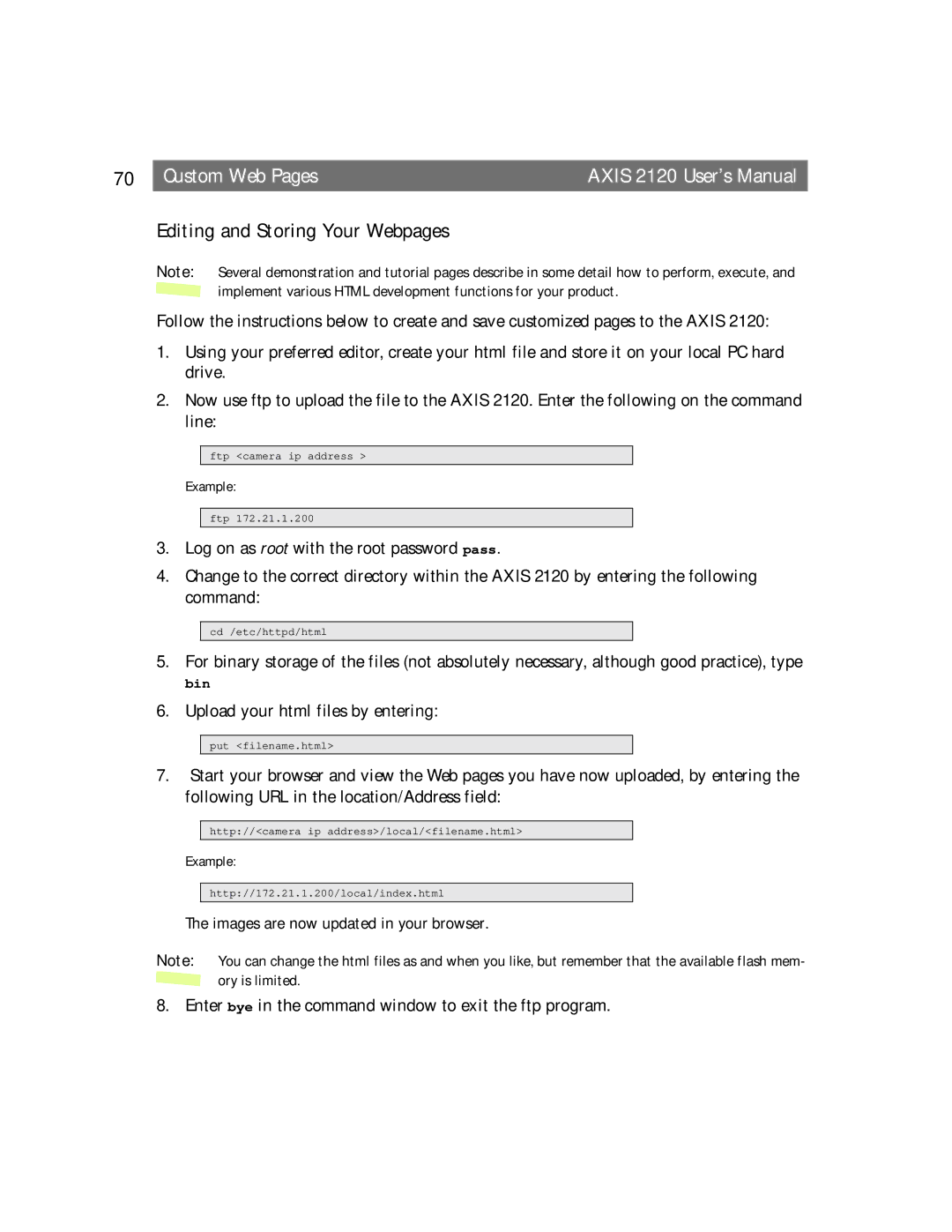 Axis Communications user manual Editing and Storing Your Webpages, Custom Web Pages Axis 2120 User’s Manual 