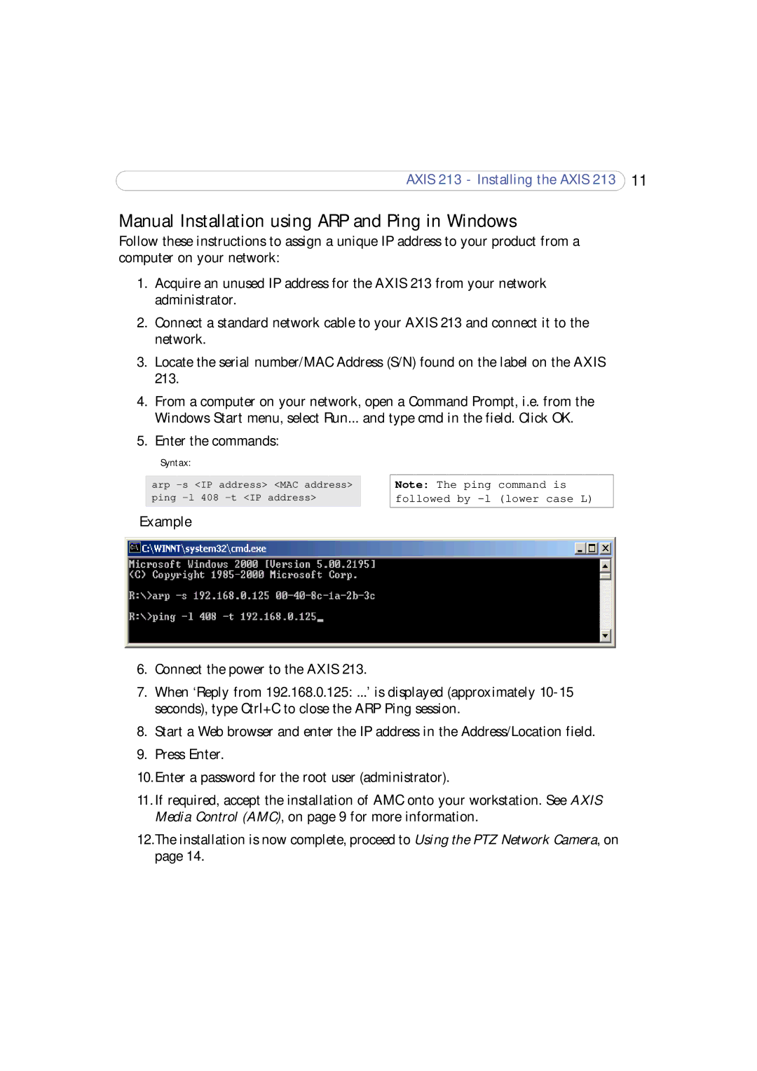 Axis Communications 213 PTZ user manual Manual Installation using ARP and Ping in Windows, Example 