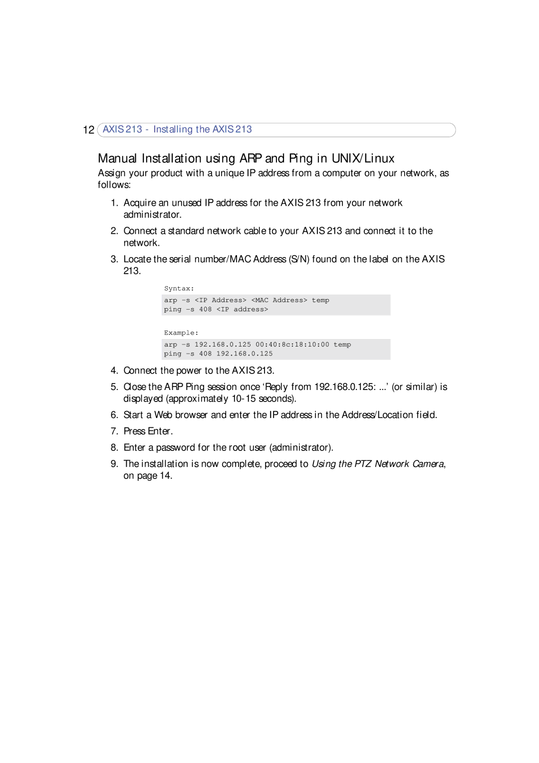 Axis Communications 213 PTZ user manual Manual Installation using ARP and Ping in UNIX/Linux 