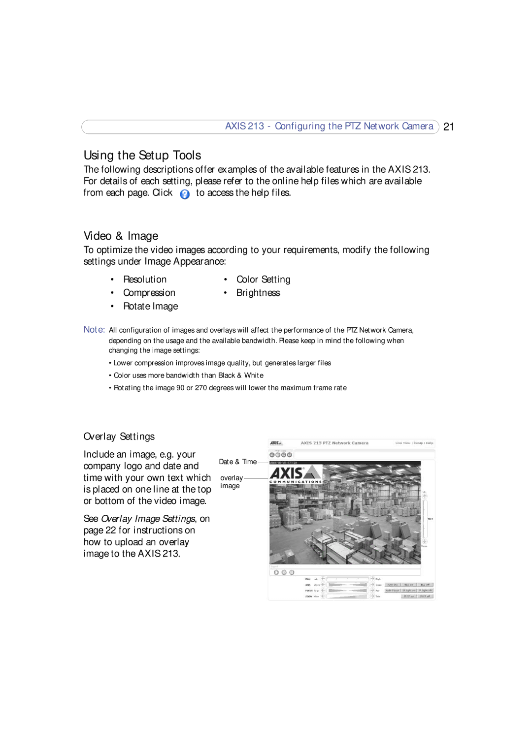 Axis Communications 213 PTZ user manual Using the Setup Tools, Video & Image, Overlay Settings 