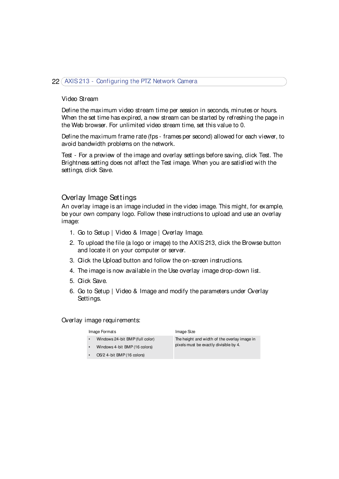 Axis Communications 213 PTZ user manual Overlay Image Settings, Video Stream, Go to Setup Video & Image Overlay Image 