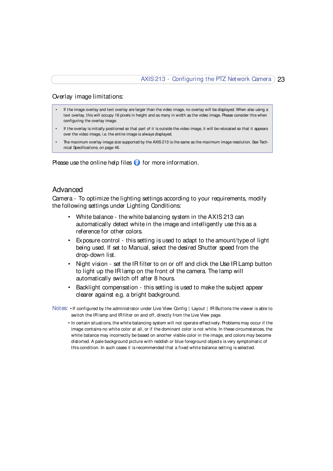 Axis Communications 213 PTZ user manual Advanced, Overlay image limitations 