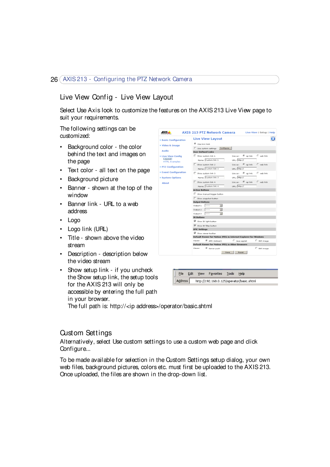 Axis Communications 213 PTZ user manual Live View Config Live View Layout, Custom Settings, Configure 