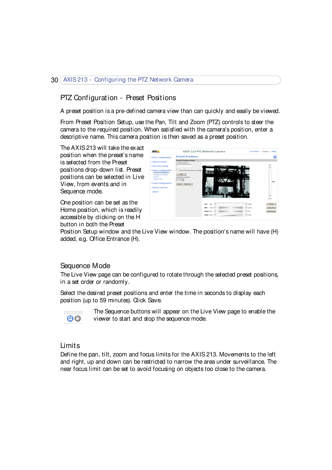 Axis Communications 213 PTZ user manual PTZ Configuration Preset Positions, Sequence Mode, Limits 