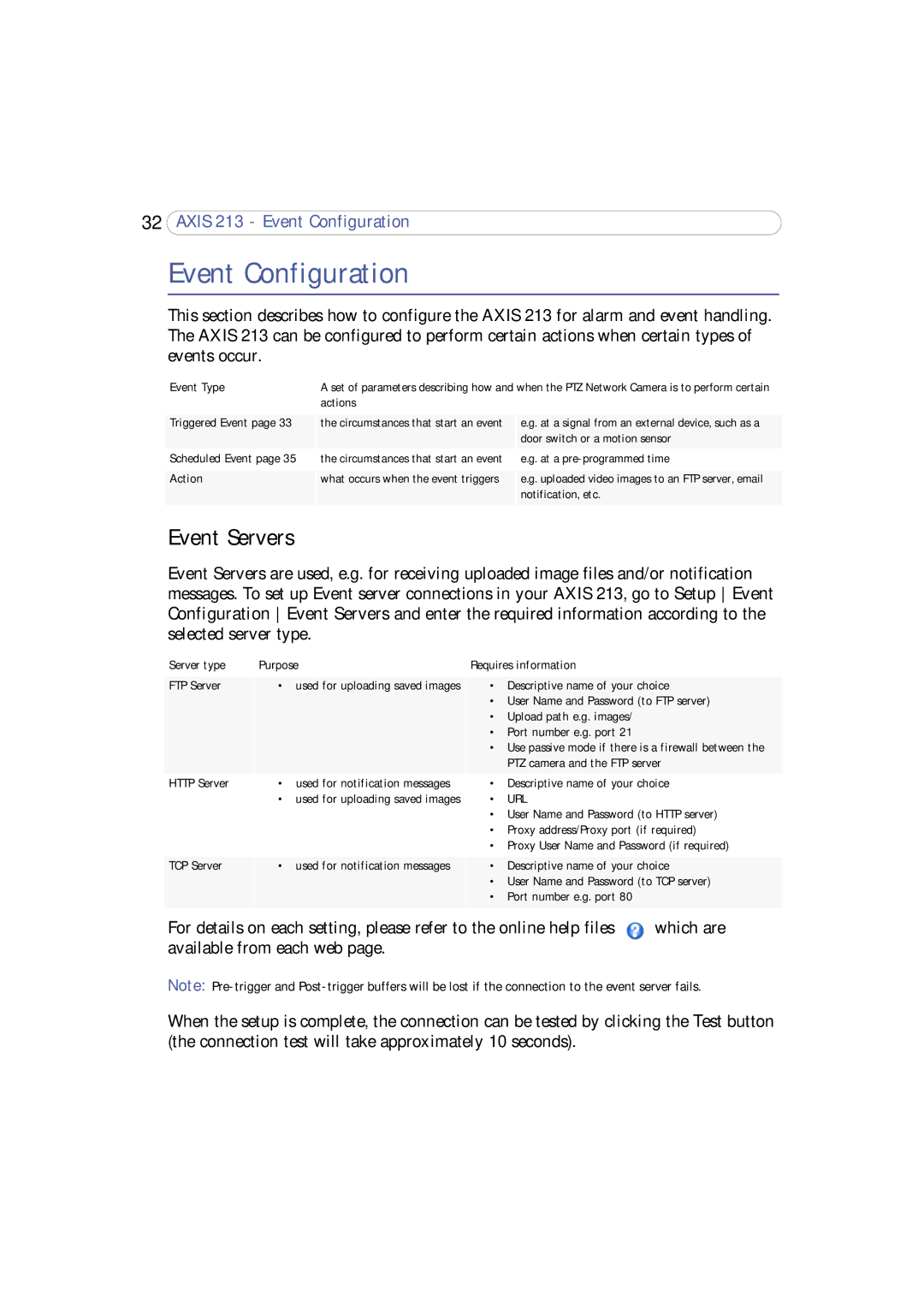 Axis Communications 213 PTZ user manual Event Configuration, Event Servers 