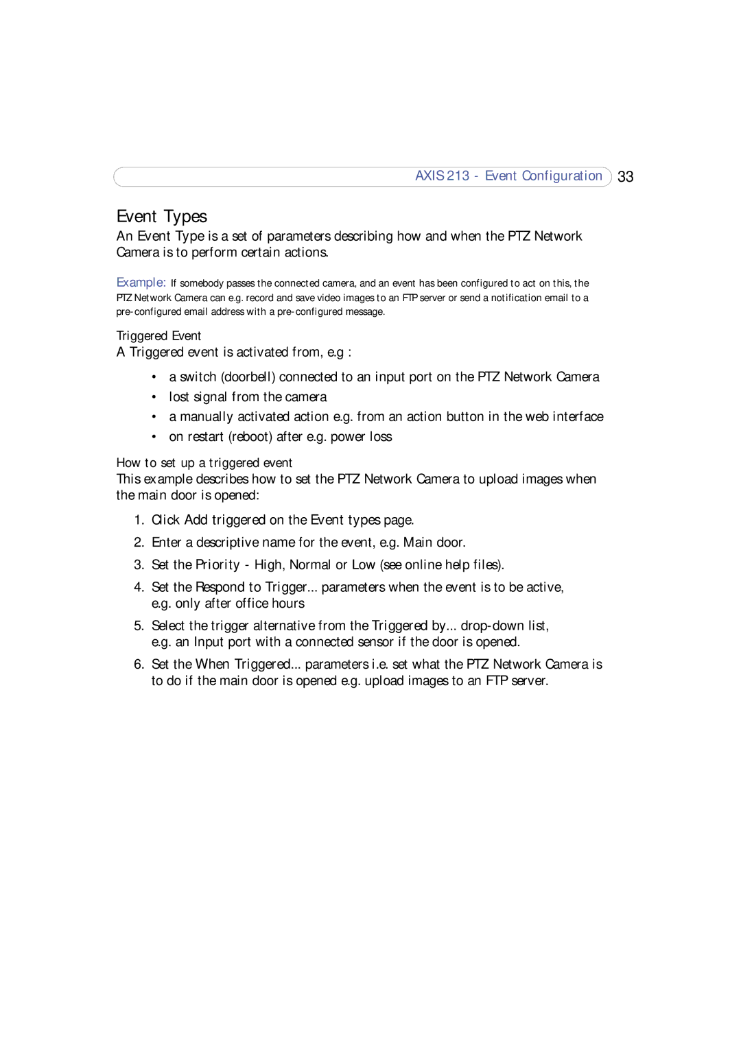 Axis Communications 213 PTZ user manual Event Types, Triggered Event, How to set up a triggered event 