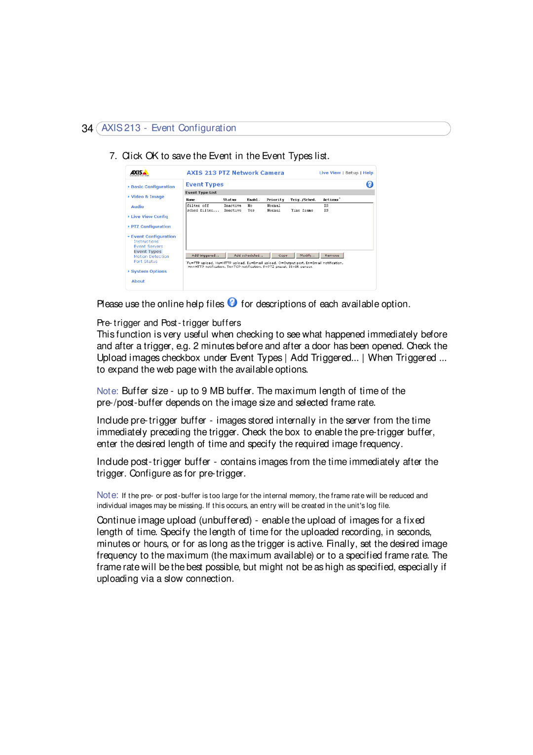 Axis Communications 213 PTZ Pre-trigger and Post-trigger buffers, To expand the web page with the available options 