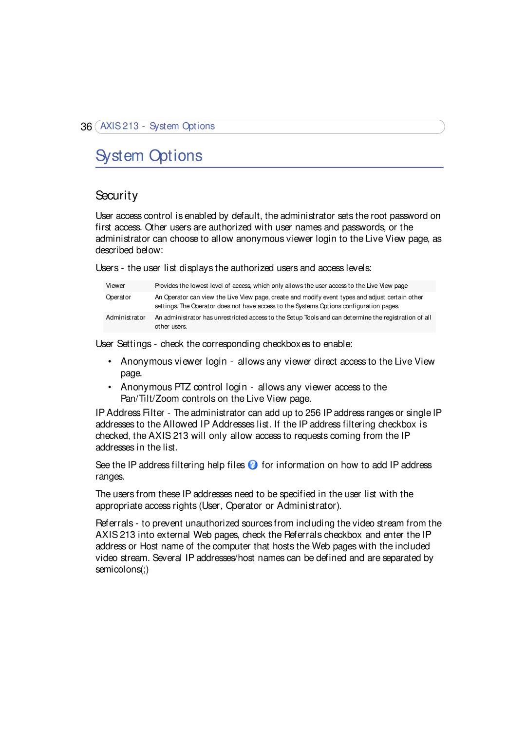 Axis Communications 213 PTZ user manual System Options, Security 