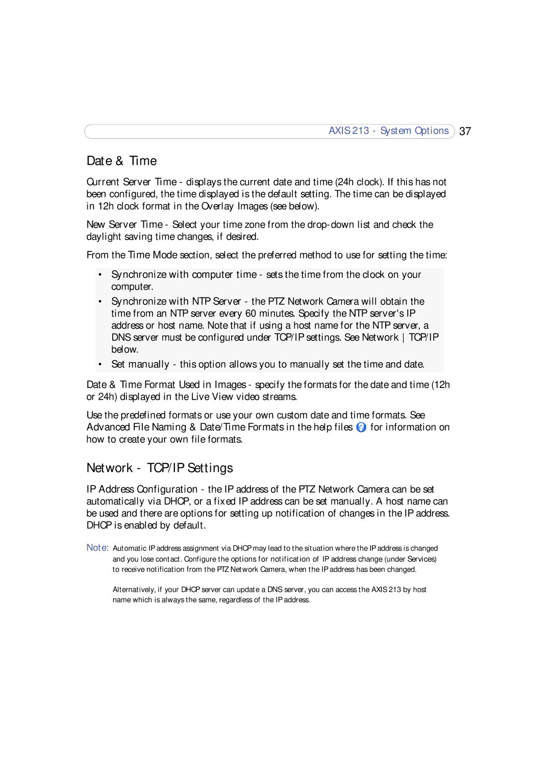 Axis Communications 213 PTZ user manual Date & Time, Network TCP/IP Settings 