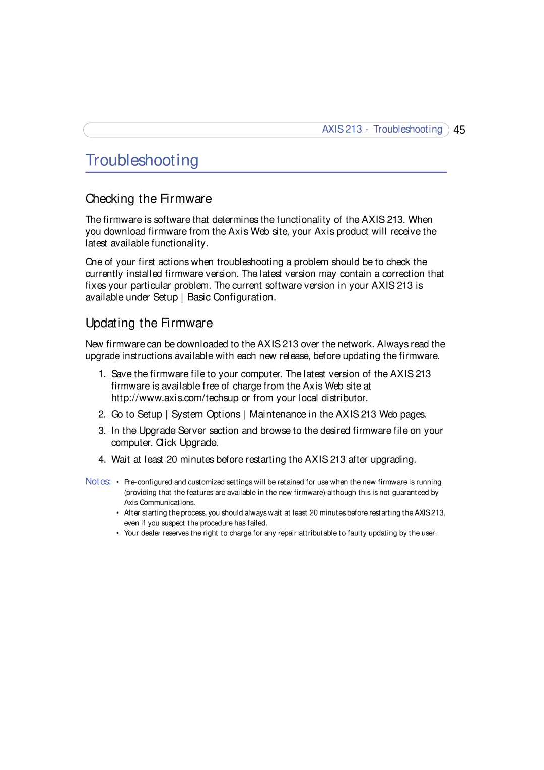 Axis Communications 213 PTZ user manual Troubleshooting, Checking the Firmware, Updating the Firmware 