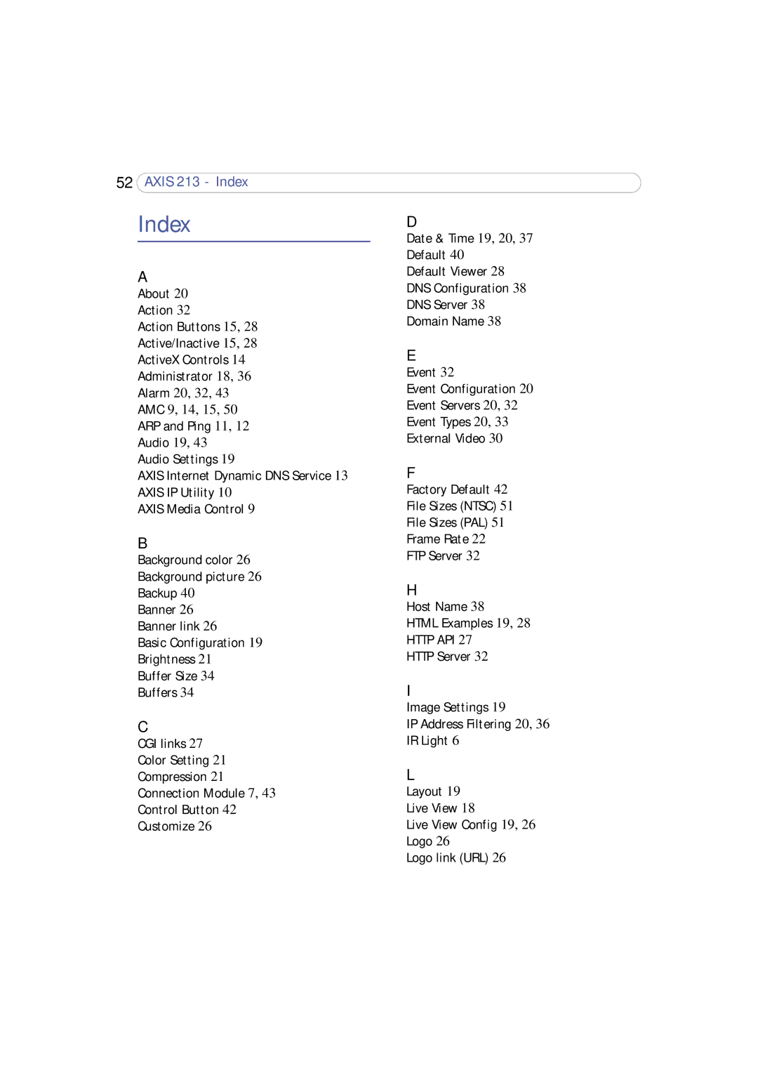 Axis Communications 213 PTZ user manual Index, Http API 