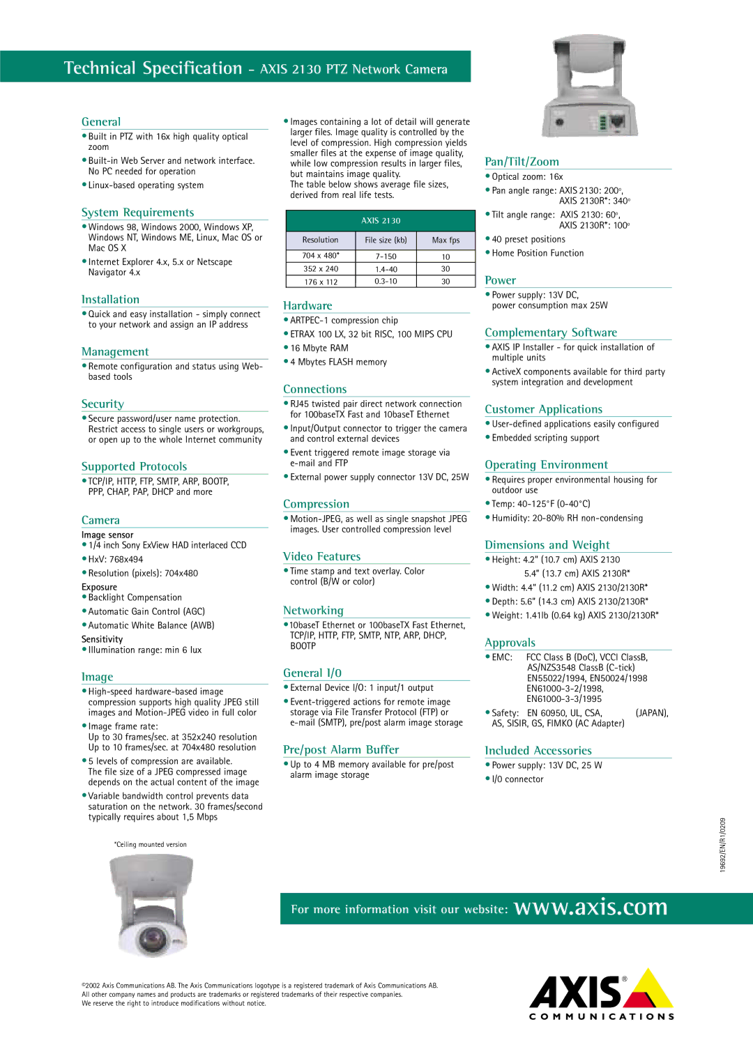 Axis Communications 2130 General, System Requirements, Pan/Tilt/Zoom, Power Installation, Management, Security, Camera 