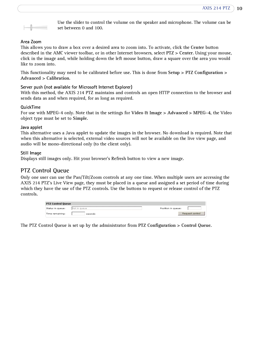 Axis Communications 214 PTZ user manual PTZ Control Queue 