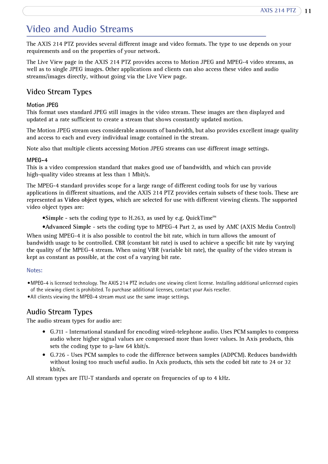 Axis Communications 214 PTZ Video and Audio Streams, Video Stream Types, Audio Stream Types, Motion Jpeg, MPEG-4 