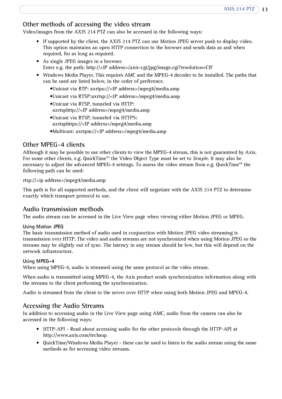 Axis Communications 214 PTZ Other methods of accessing the video stream, Other MPEG-4 clients, Audio transmission methods 