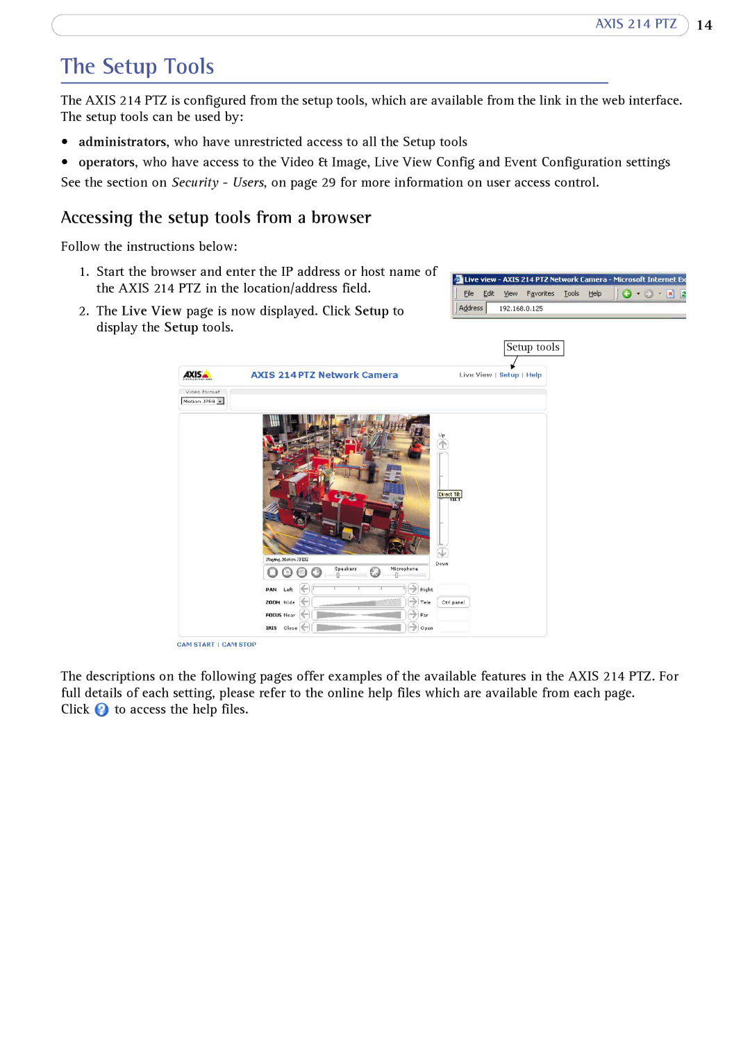 Axis Communications 214 PTZ user manual Setup Tools, Accessing the setup tools from a browser 