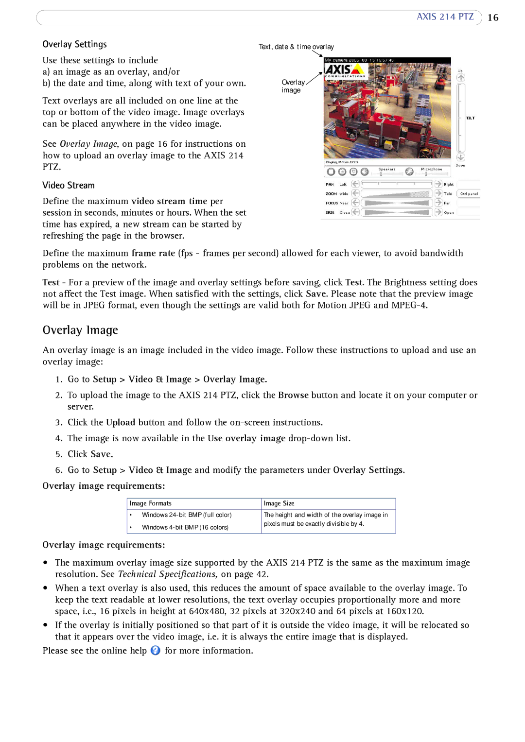 Axis Communications 214 PTZ user manual Overlay Settings, Video Stream, Go to Setup Video & Image Overlay Image 