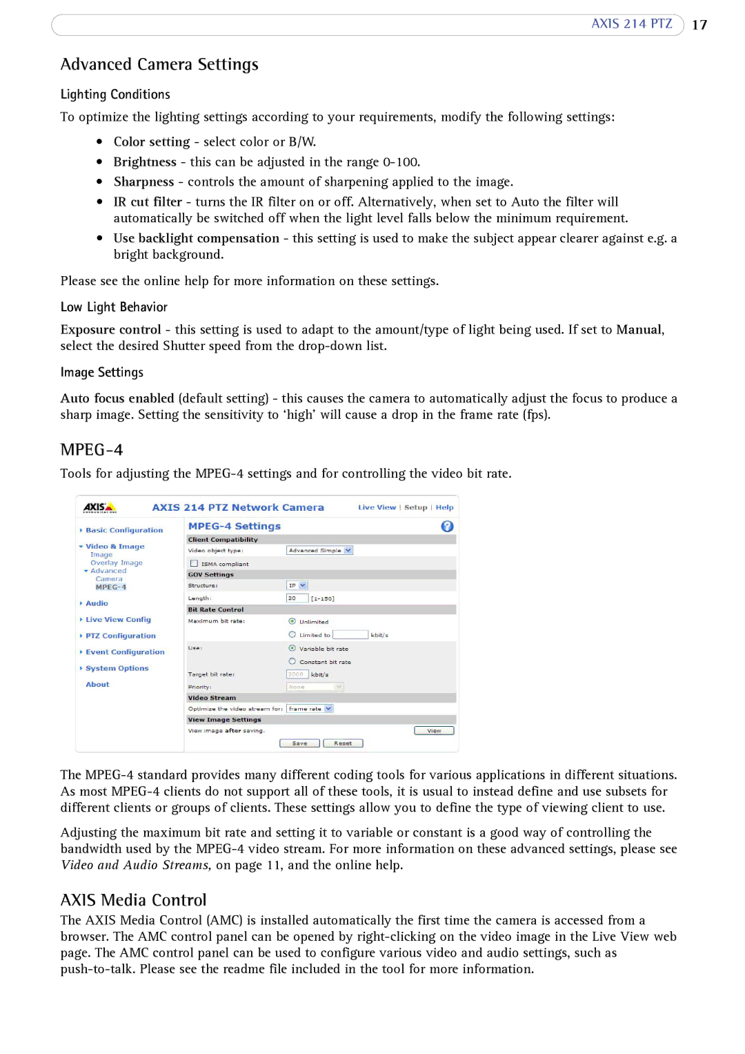 Axis Communications 214 PTZ user manual Advanced Camera Settings, Lighting Conditions, Low Light Behavior, Image Settings 