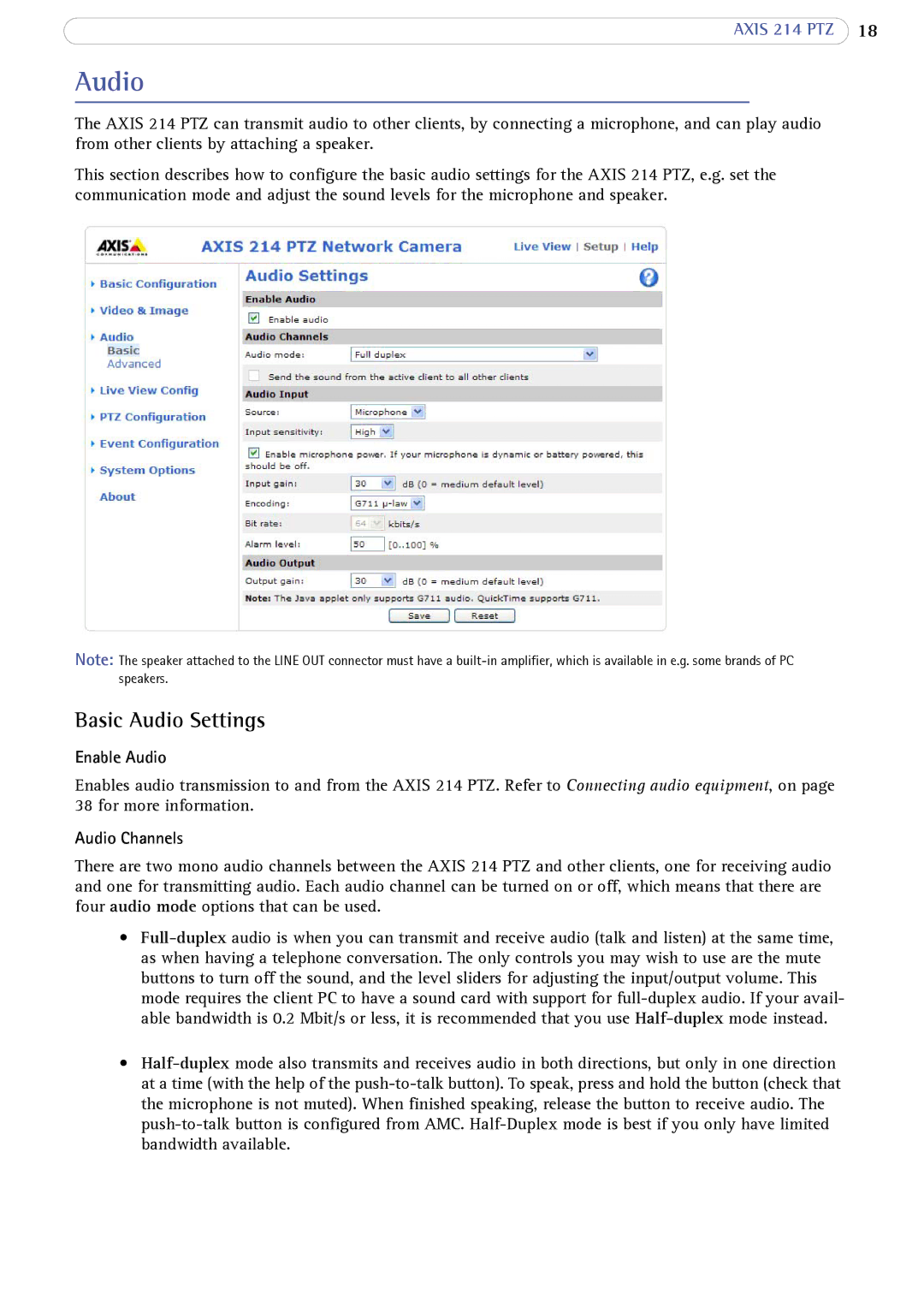 Axis Communications 214 PTZ user manual Basic Audio Settings, Enable Audio, Audio Channels 