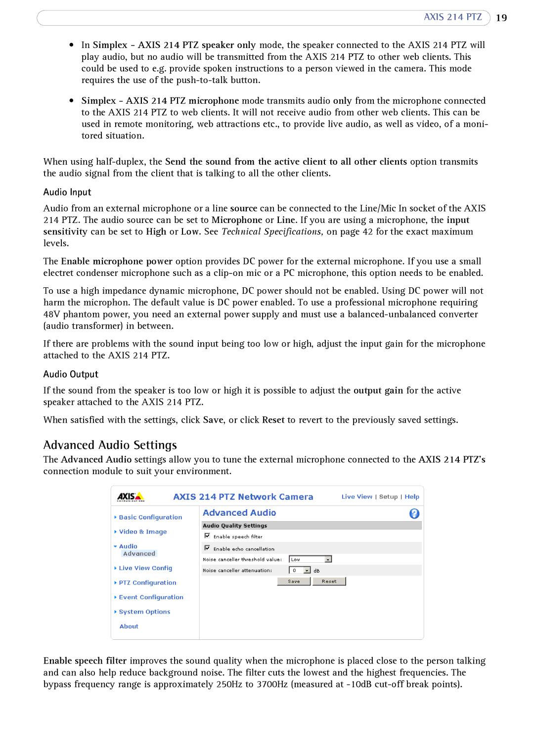 Axis Communications 214 PTZ user manual Advanced Audio Settings, Audio Input, Audio Output 