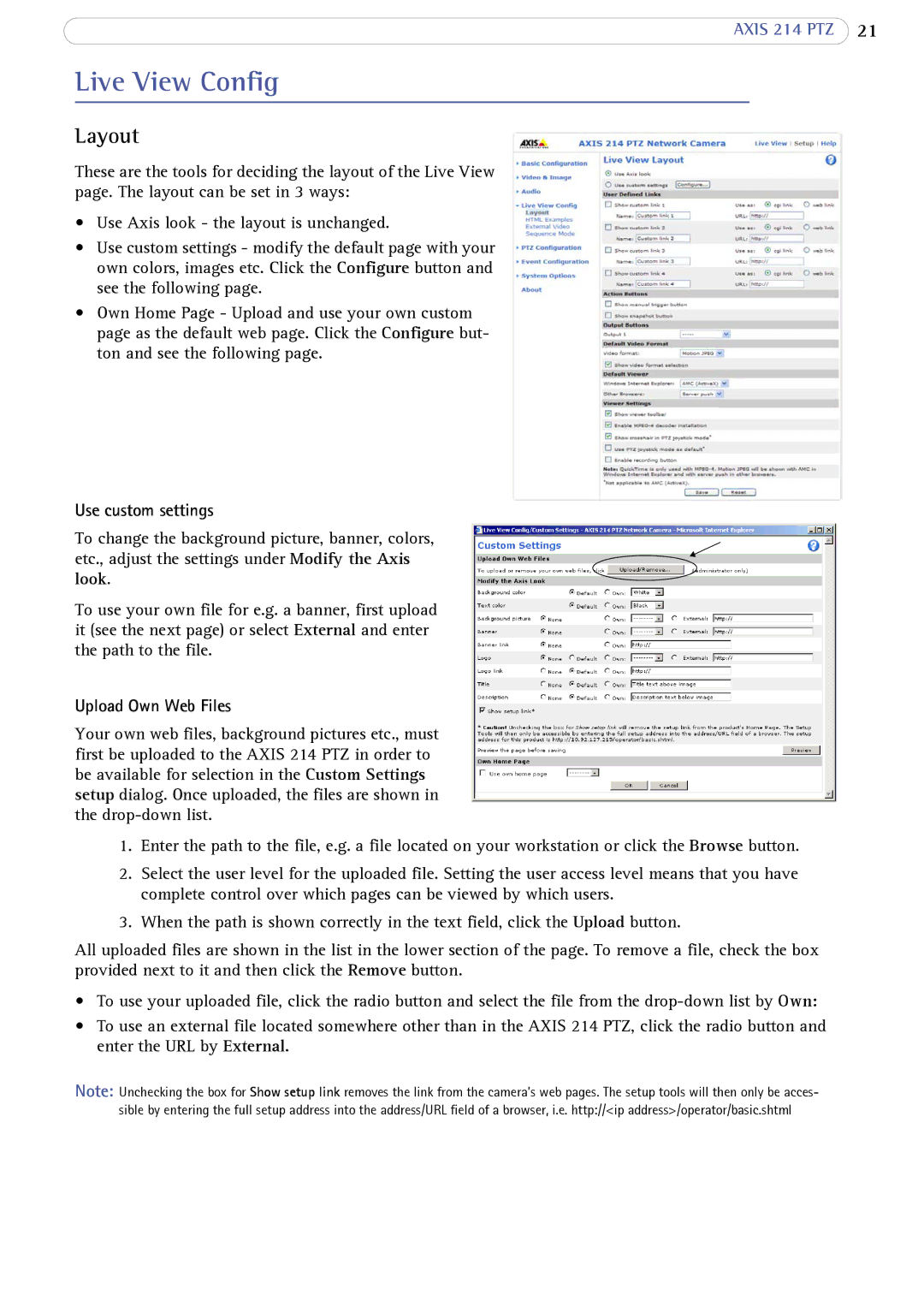 Axis Communications 214 PTZ user manual Live View Config, Layout, Use custom settings, Upload Own Web Files 